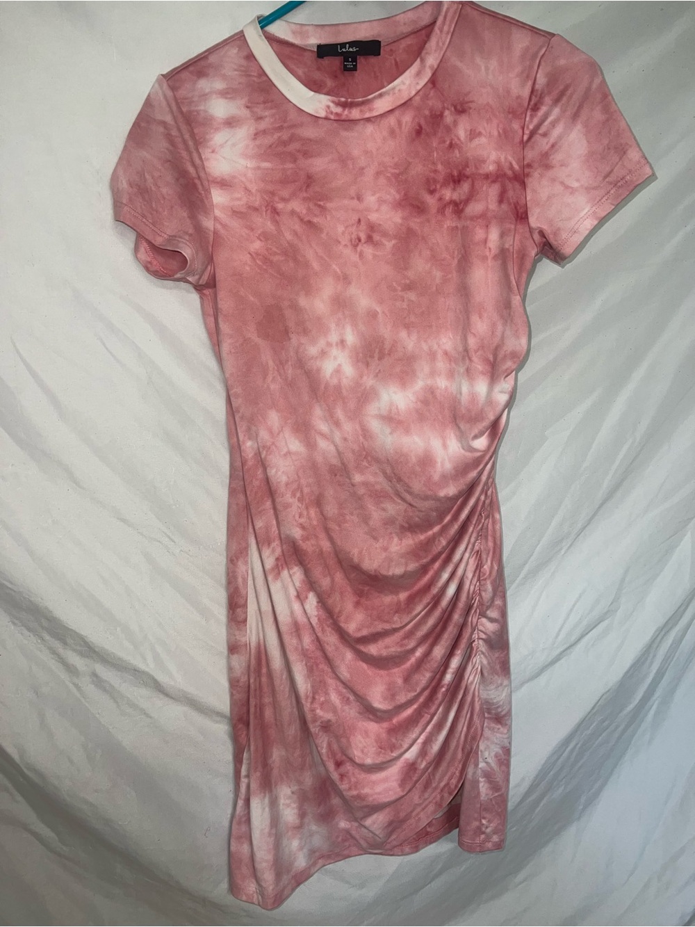 Lulu's Pink and White Tie-Dye Ruched Mini T-Shirt Dress